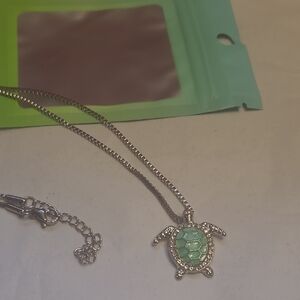 Silver Turtle Pendant Necklace With Little Rhinestones